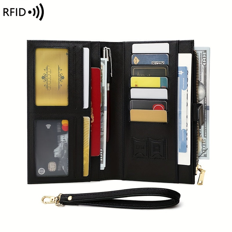 Portafoglio nero in pelle con protezione RFID, scomparti per carte di credito, banconote e monete, chiusura con zip, cinturino da polso.