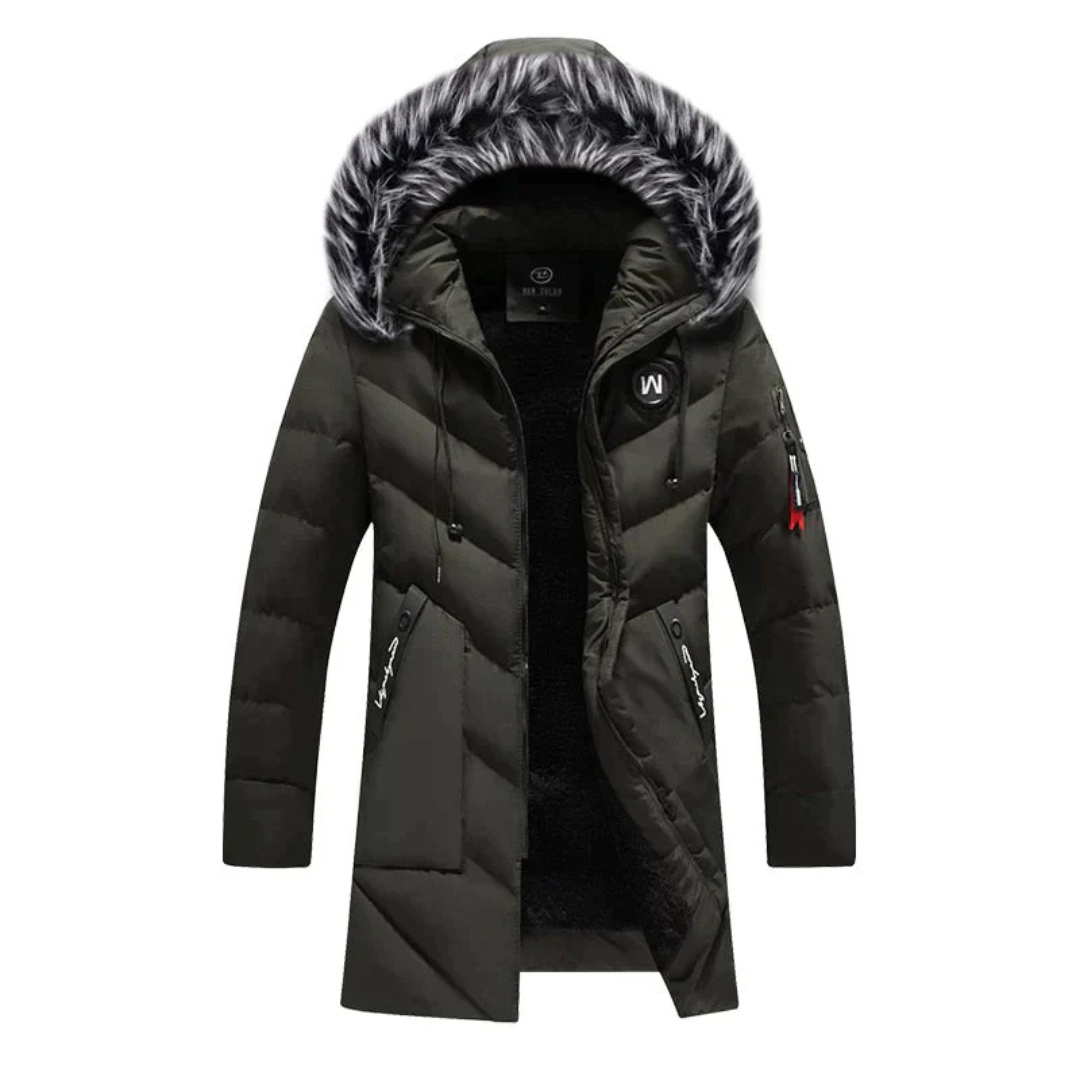 Giacca invernale uomo con cappuccio in pelliccia sintetica, colore nero, imbottitura calda, design moderno, ideale per climi freddi.