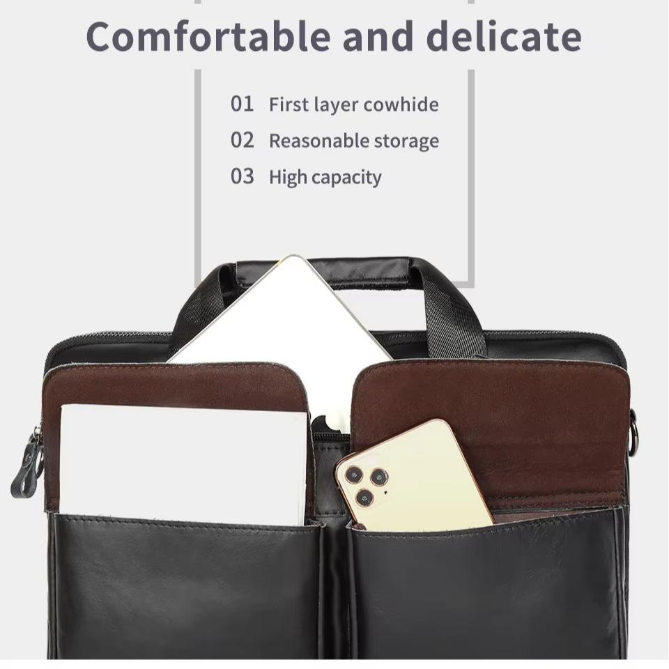 Borsa in pelle nera di alta qualità con tasche multiple, adatta per laptop e smartphone, design elegante e capiente, ideale per lavoro e viaggio.
