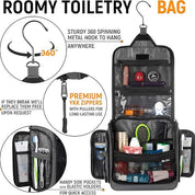Borsa da toilette sospesa nera con gancio rotante a 360°, cerniere YKK, tasche laterali elastiche, ideale per viaggi, organizzazione prodotti igiene.
