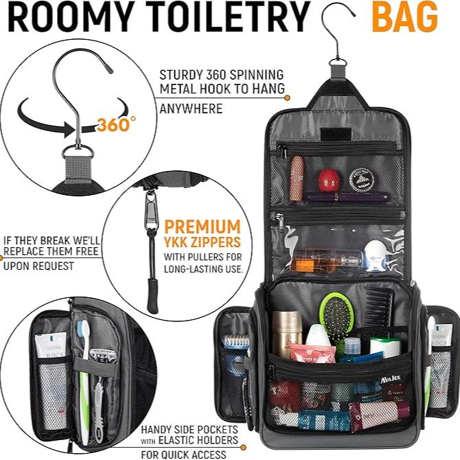 Borsa da toilette sospesa nera con gancio rotante a 360°, cerniere YKK, tasche laterali elastiche, ideale per viaggi, organizzazione prodotti igiene.