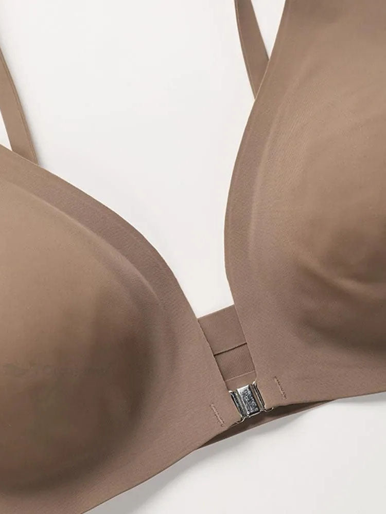 Reggiseno push-up marrone senza cuciture, chiusura frontale, spalline regolabili, design liscio e confortevole, ideale per supporto e sollevamento.