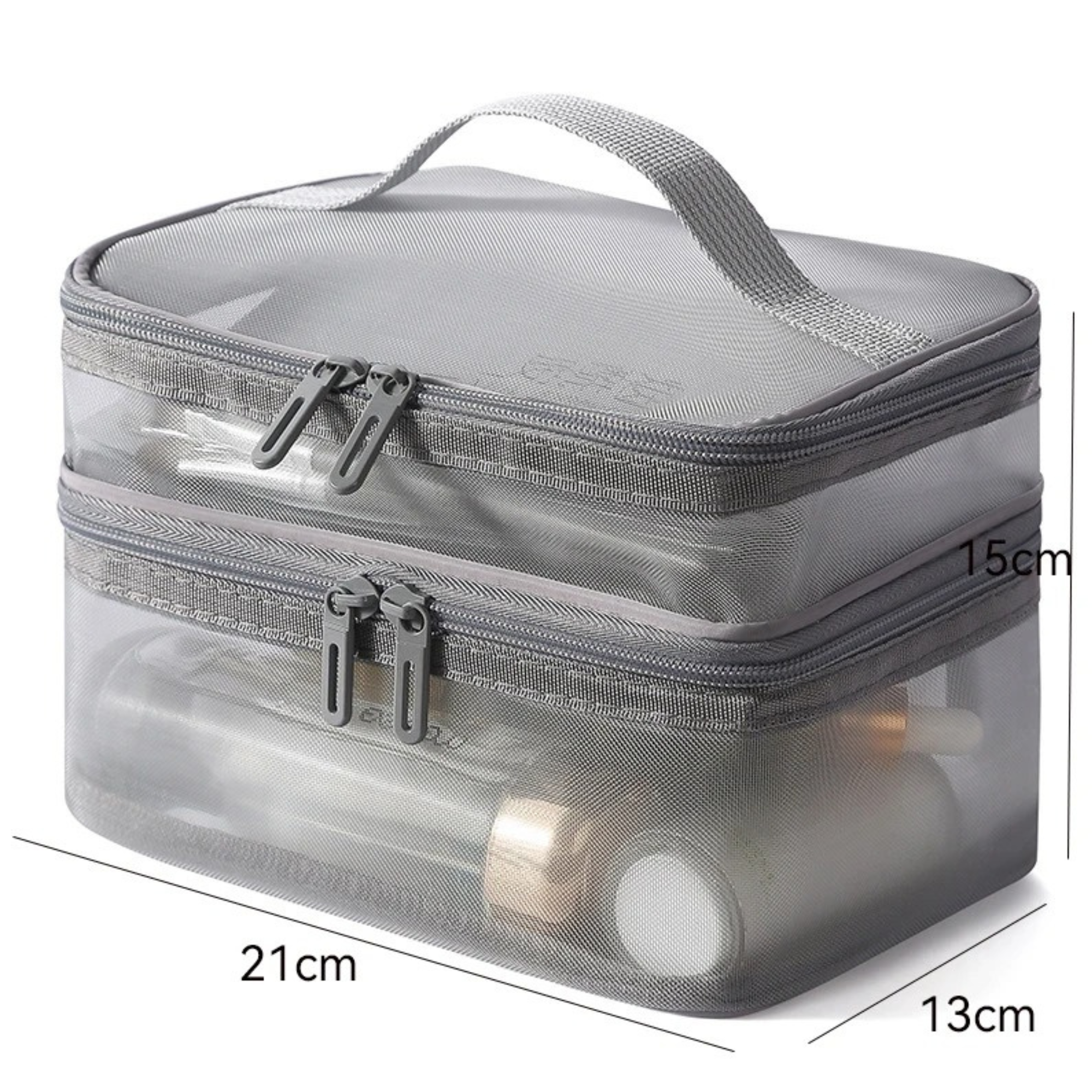 Borsa da viaggio trasparente con doppia cerniera, dimensioni 21x13x15 cm, ideale per cosmetici e articoli da toeletta, pratica e impermeabile.