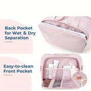 Borsa da viaggio rosa con tasca posteriore per separazione umido/asciutto e tasca frontale facile da pulire, ideale per cosmetici e accessori.