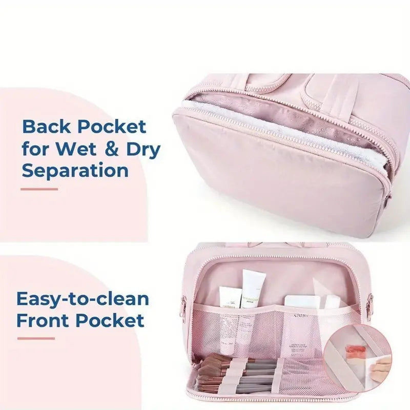 Borsa da viaggio rosa con tasca posteriore per separazione umido/asciutto e tasca frontale facile da pulire, ideale per cosmetici e accessori.