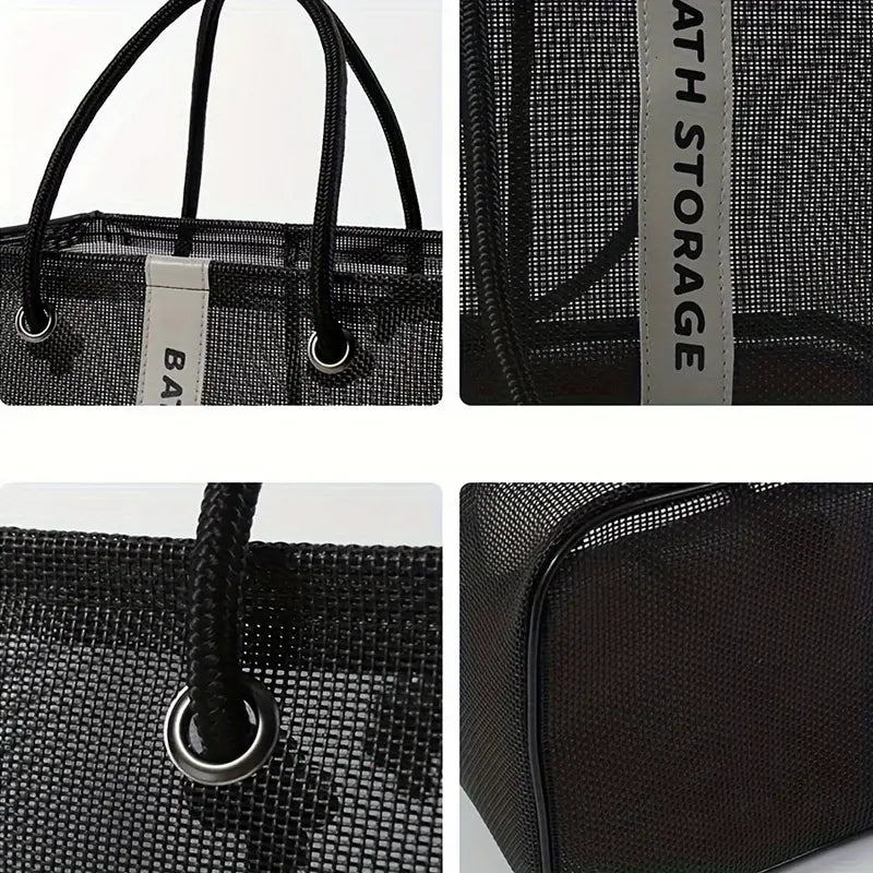 Borsa organizer in rete nera con manici robusti, dettagli in metallo e scritta "BATH STORAGE". Ideale per il bagno, resistente e spaziosa.