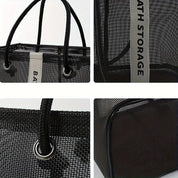 Borsa organizer in rete nera con manici robusti, dettagli in metallo e scritta "BATH STORAGE". Ideale per il bagno, resistente e spaziosa.