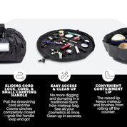 Borsa trucco nera con chiusura a cordoncino, aperta per mostrare cosmetici e accessori. Design pratico per accesso facile e contenimento sicuro.