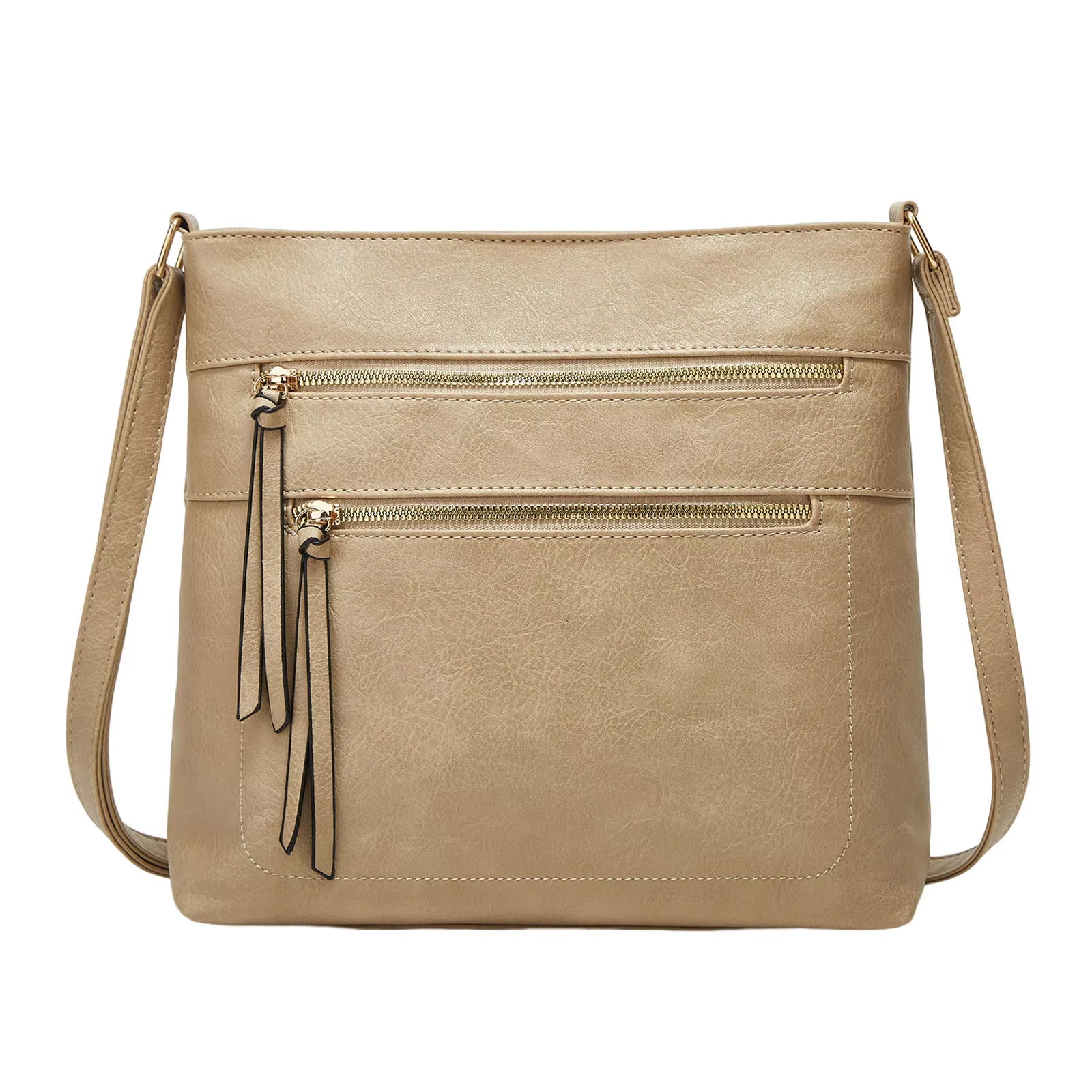 Borsa a tracolla beige in pelle sintetica con doppie tasche frontali con cerniera, design elegante e moderno, ideale per donna.