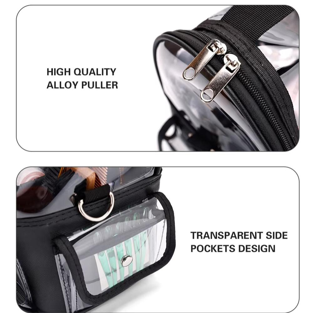 Zaino trasparente con cerniere in lega di alta qualità, tasche laterali trasparenti, design resistente, ideale per scuola e viaggi.