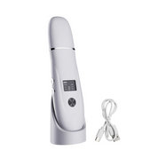 Dispositivo di bellezza portatile bianco con schermo LED e cavo USB, ideale per cura della pelle e pulizia del viso. Accessorio skincare innovativo.