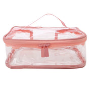 Borsa trasparente da viaggio in PVC con cerniera rosa, ideale per cosmetici e articoli da toeletta. Design impermeabile e portatile.