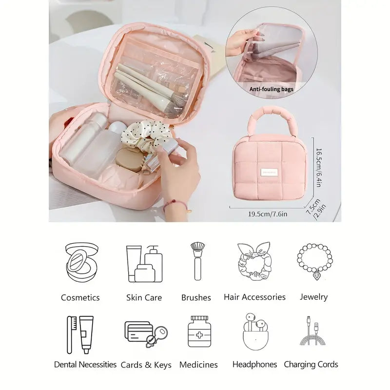 Borsa da viaggio rosa con scomparti per cosmetici, accessori capelli, gioielli e cavi. Include tasche anti-sporco. Dimensioni: 19.5x7.6x17.5 cm.
