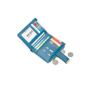 Portafoglio donna in pelle blu con protezione RFID, scomparti per carte di credito, tasca portamonete con zip, design compatto ed elegante.