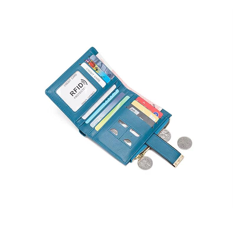 Portafoglio donna in pelle blu con protezione RFID, scomparti per carte di credito, tasca portamonete con zip, design compatto ed elegante.