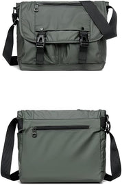 Borsa a tracolla verde militare unisex, design moderno, tasche multiple, chiusura a zip e fibbie, ideale per lavoro e viaggio.