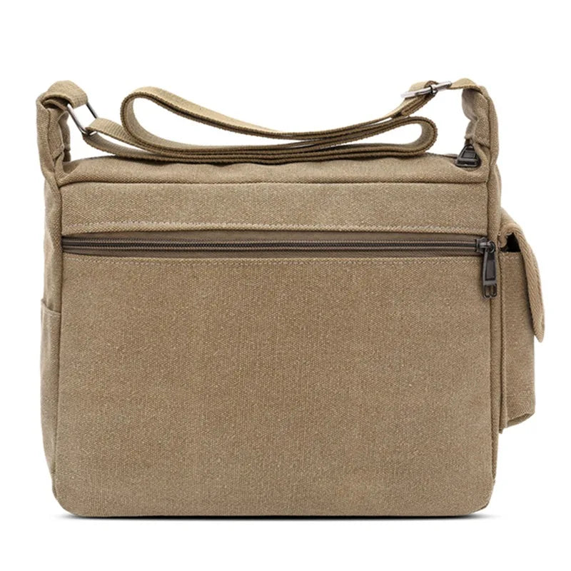 Borsa a tracolla in tela beige con tasca frontale con zip, design minimalista, ideale per uomo e donna, perfetta per uso quotidiano e viaggi.