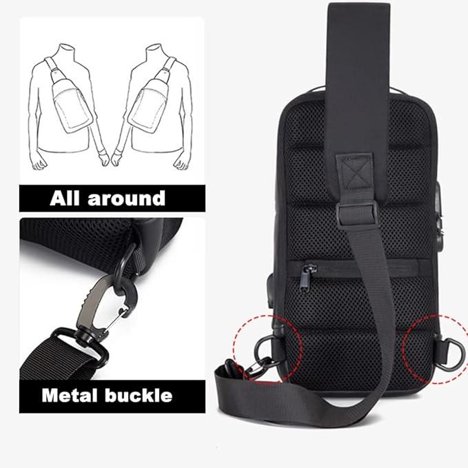 Zaino monospalla nero con fibbia in metallo, design ergonomico, tasche multiple, tracolla regolabile, ideale per viaggi e uso quotidiano.