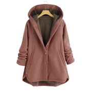 Giacca donna invernale con cappuccio, motivo a quadri marrone, foderata in pile, chiusura a bottoni, tasche laterali, moda casual calda.