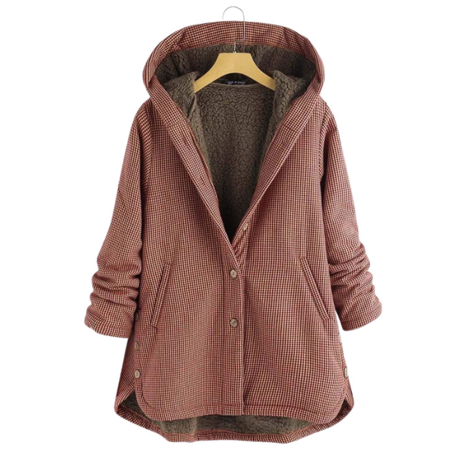 Giacca donna invernale con cappuccio, motivo a quadri marrone, foderata in pile, chiusura a bottoni, tasche laterali, moda casual calda.