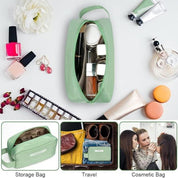 Borsa cosmetica verde con cerniera, contenente trucchi e accessori. Ideale per viaggio e organizzazione. Include smalti e pennelli.