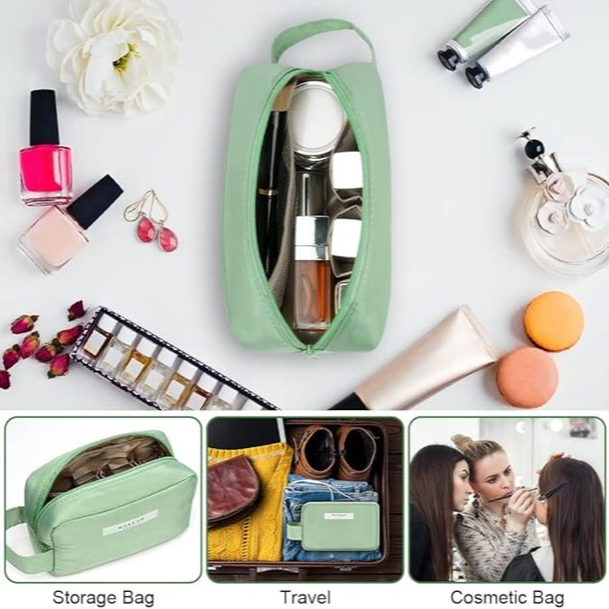 Borsa cosmetica verde con cerniera, contenente trucchi e accessori. Ideale per viaggio e organizzazione. Include smalti e pennelli.