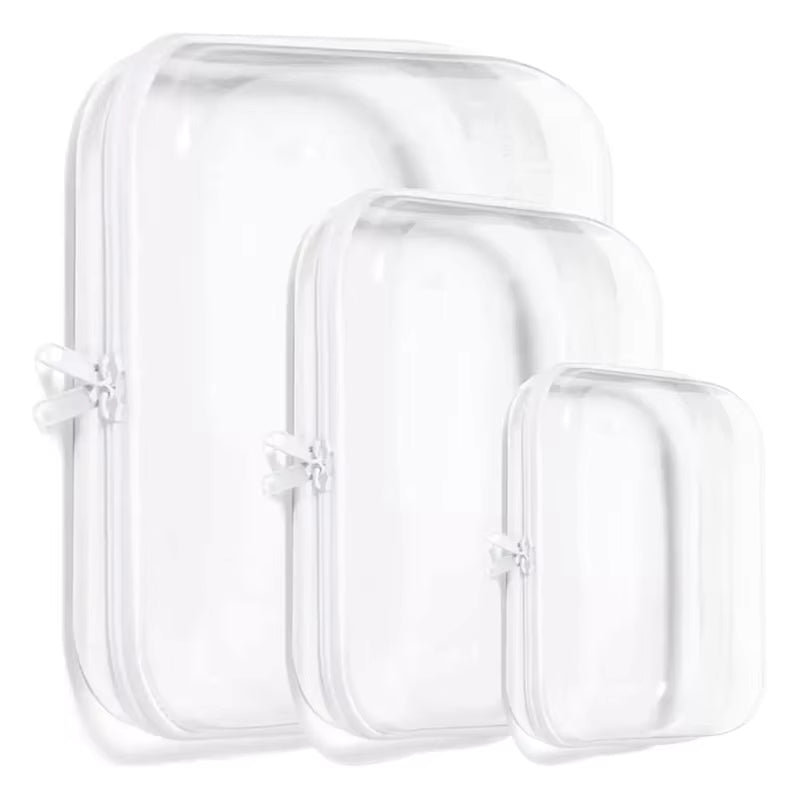 Set di tre borse trasparenti da viaggio, diverse dimensioni, con cerniera. Ideali per cosmetici, articoli da toeletta, conformi alle norme aeroportuali.