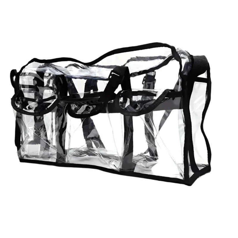 Borsa trasparente in PVC con bordi neri, manici rinforzati e tasche multiple. Ideale per viaggi, eventi sportivi e concerti.