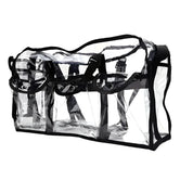Borsa trasparente in PVC con bordi neri, manici rinforzati e tasche multiple. Ideale per viaggi, eventi sportivi e concerti.
