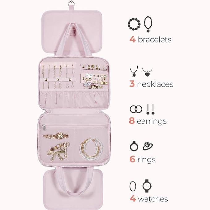 Custodia rosa per gioielli aperta, mostra 4 braccialetti, 3 collane, 8 orecchini, 6 anelli, 4 orologi. Organizer da viaggio compatto ed elegante.