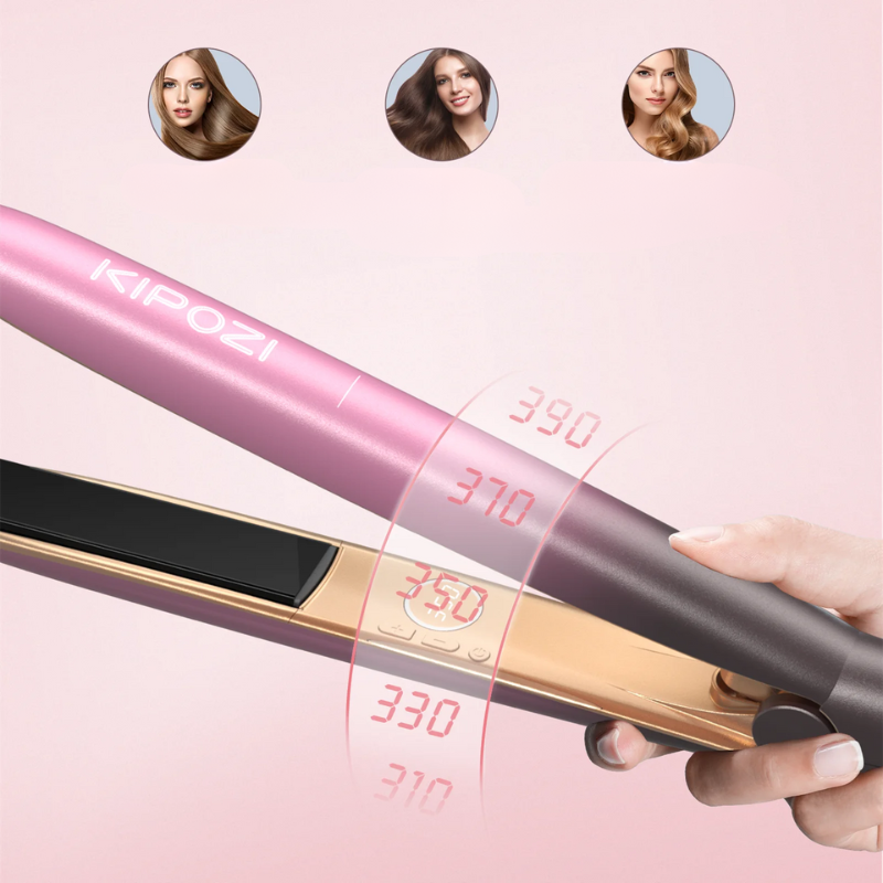 Piastra per capelli Kipozi rosa con display digitale temperatura, design ergonomico, ideale per capelli lisci e ricci, styling professionale.