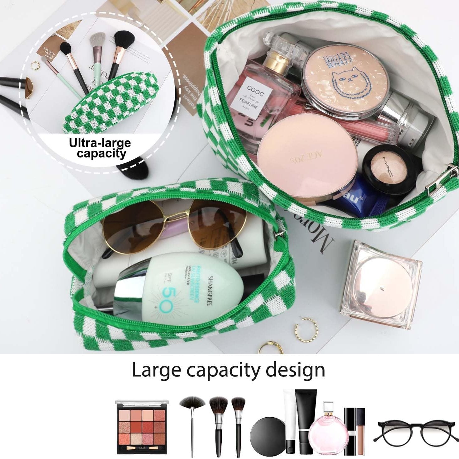 Due beauty case a scacchi verdi e bianchi con trucchi, occhiali da sole e accessori. Design a grande capacità, ideale per viaggi e organizzazione.