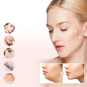 Donna con trattamento lifting viso, illustrazioni di applicazione crema e risultati prima e dopo. Cura della pelle, anti-età, bellezza femminile.