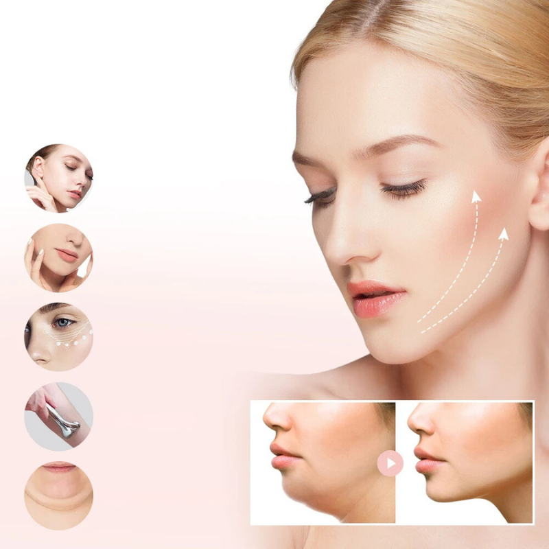 Donna con trattamento lifting viso, illustrazioni di applicazione crema e risultati prima e dopo. Cura della pelle, anti-età, bellezza femminile.