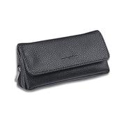 Custodia in pelle nera con chiusura a zip, design elegante e compatto, ideale per accessori o cosmetici. Accessorio moda di alta qualità.