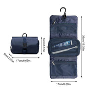 Borsa da viaggio blu con gancio, tasche a rete, dimensioni 17x6x14 cm chiusa, 17x39 cm aperta. Organizer impermeabile per articoli da toeletta.