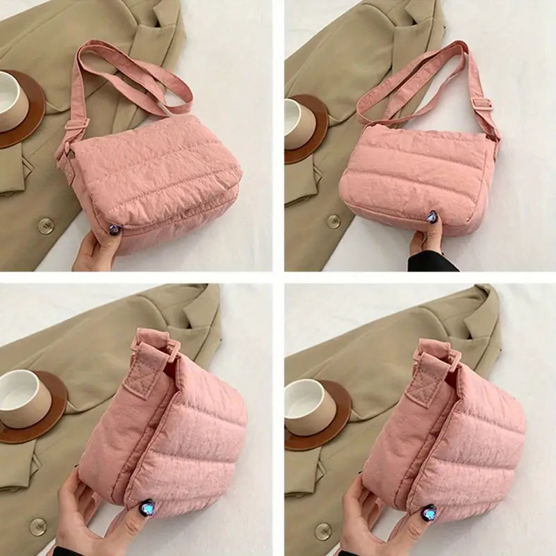 Borsa a tracolla imbottita rosa, design trapuntato, su sfondo beige. Accessorio moda donna, elegante e casual, perfetto per ogni occasione.