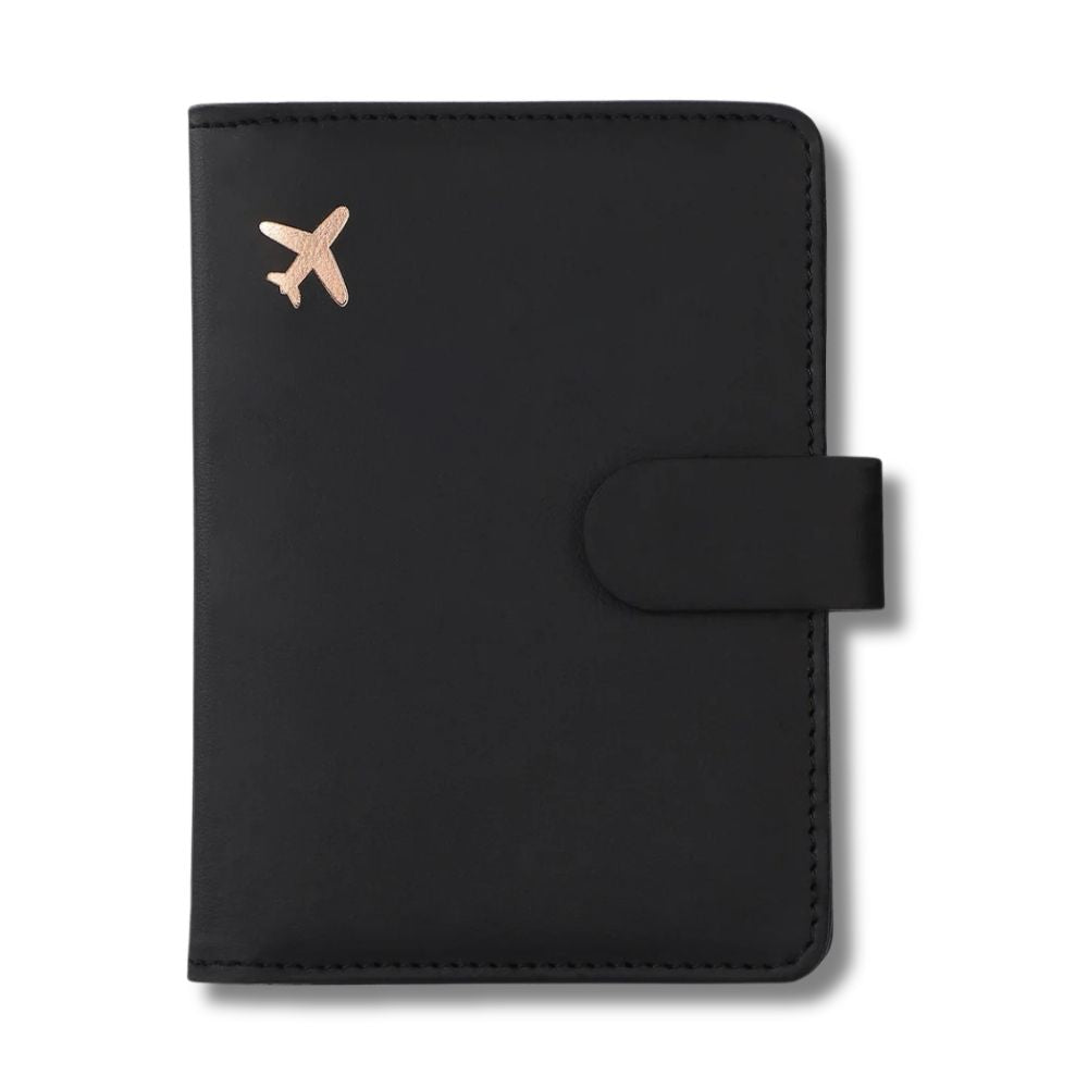 Portafoglio da viaggio nero in pelle con chiusura a bottone e decorazione aereo dorato. Accessorio elegante per documenti e carte.