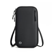 Custodia nera a tracolla con protezione RFID, tasca frontale con zip, ideale per smartphone e accessori. Design elegante e funzionale.