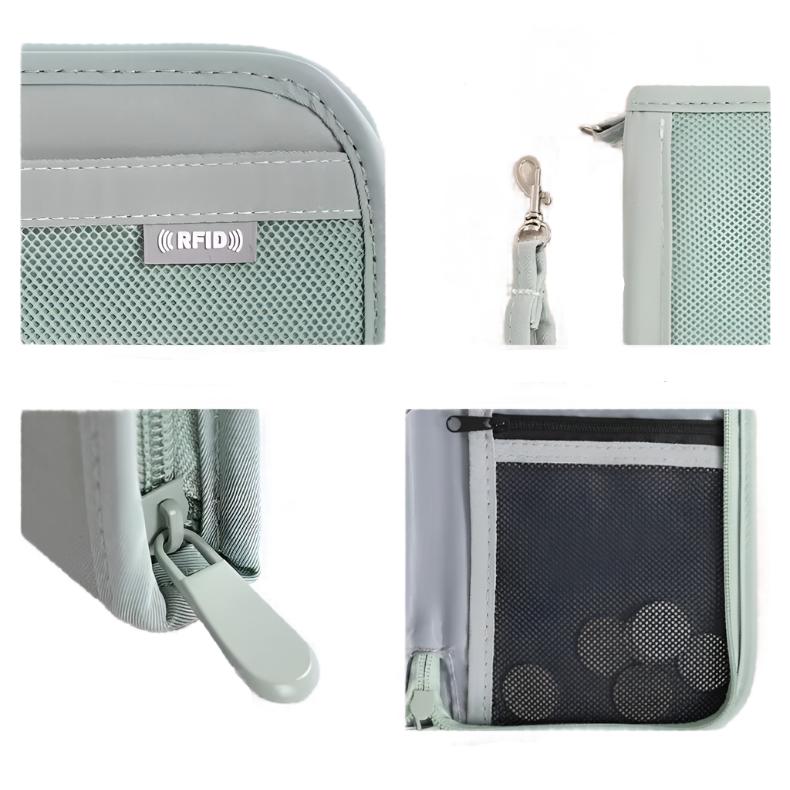 Portafoglio verde RFID in pelle sintetica, con zip, tasche interne a rete, gancio metallico. Design elegante e sicuro per protezione dati.