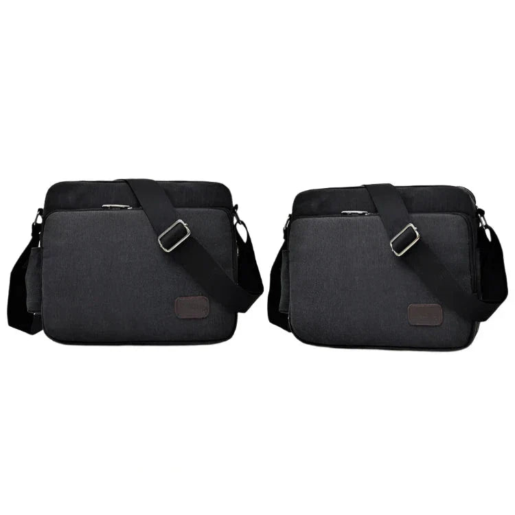 Due borse a tracolla nere in tessuto resistente, con cerniera e tasche multiple, ideali per laptop e accessori. Design moderno e funzionale.