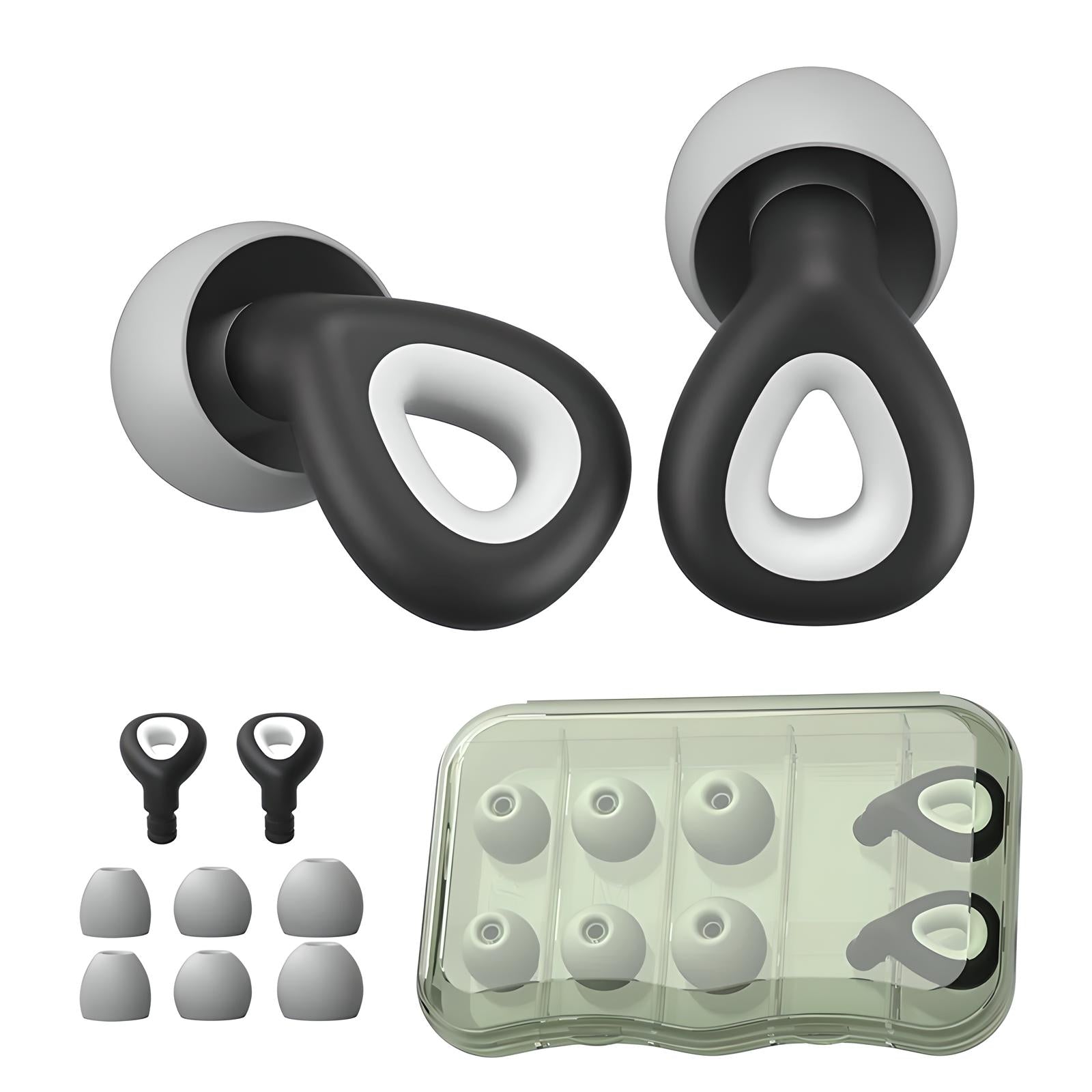 Auricolari wireless neri con custodia trasparente, gommini intercambiabili, design ergonomico, audio di alta qualità, compatibili con dispositivi Bluetooth.