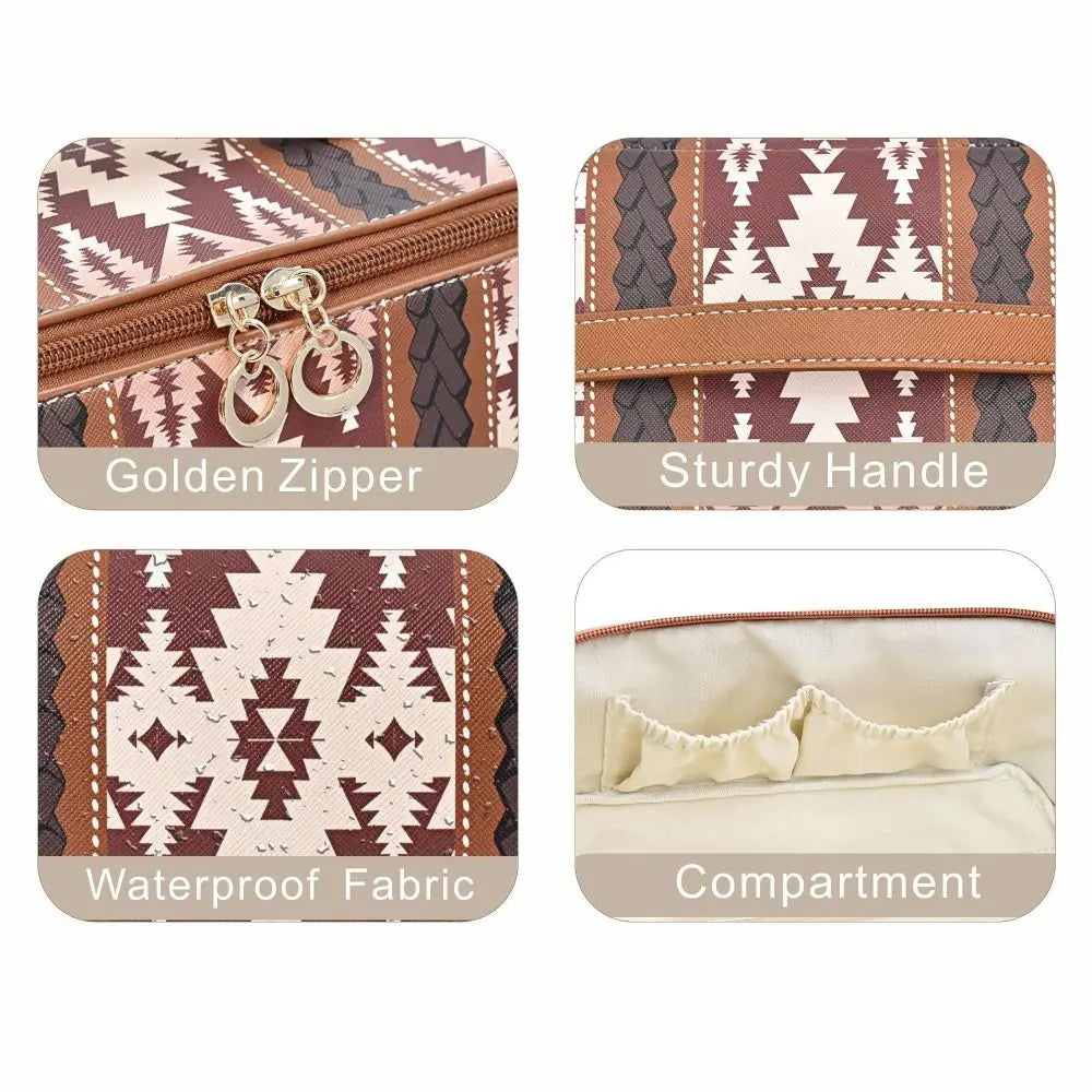 Borsa da viaggio con cerniera dorata, manico robusto, tessuto impermeabile, scomparto interno. Design etnico marrone e beige.