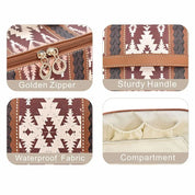Borsa da viaggio con cerniera dorata, manico robusto, tessuto impermeabile, scomparto interno. Design etnico marrone e beige.