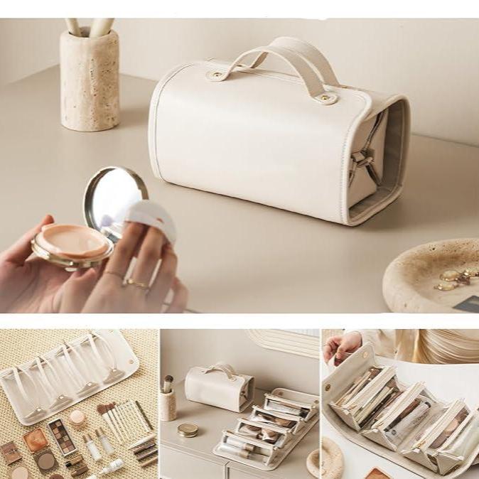 Elegante borsa cosmetica bianca in pelle, con scomparti organizzati per trucchi e accessori. Ideale per viaggi e uso quotidiano.
