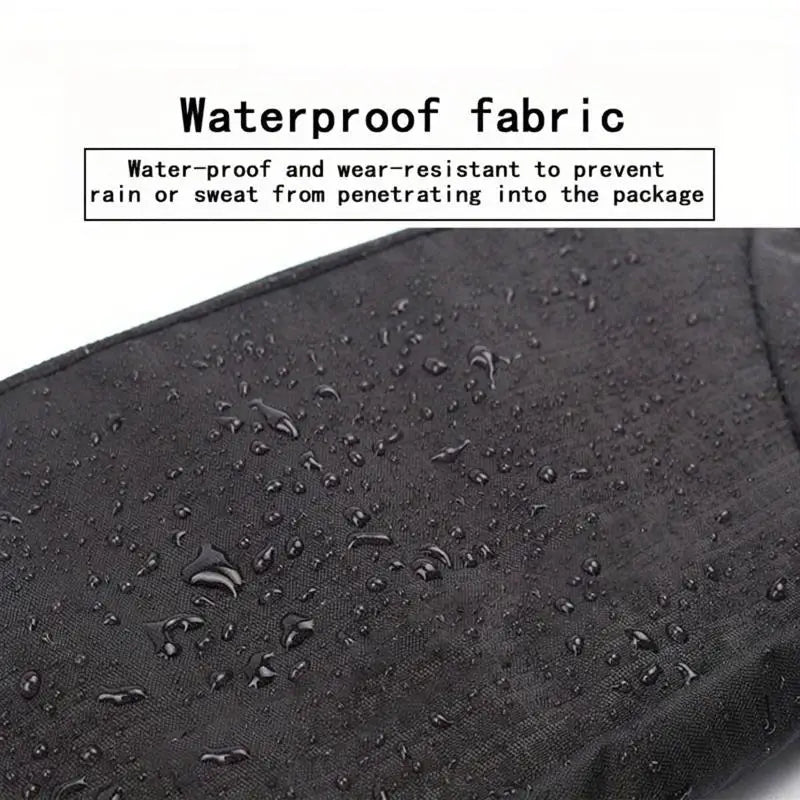 Tessuto impermeabile nero con gocce d'acqua, resistente all'usura, ideale per protezione da pioggia e sudore. Materiale durevole e di alta qualità.