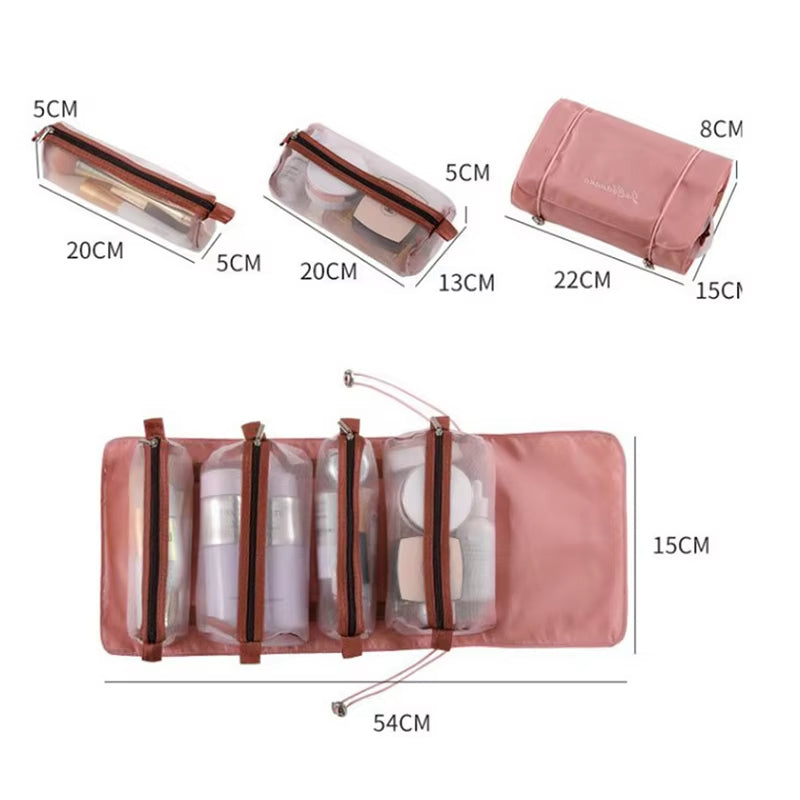 Astuccio da viaggio rosa con quattro scomparti trasparenti, dimensioni 54x15 cm aperto, ideale per cosmetici e articoli da toeletta, compatto e organizzato.