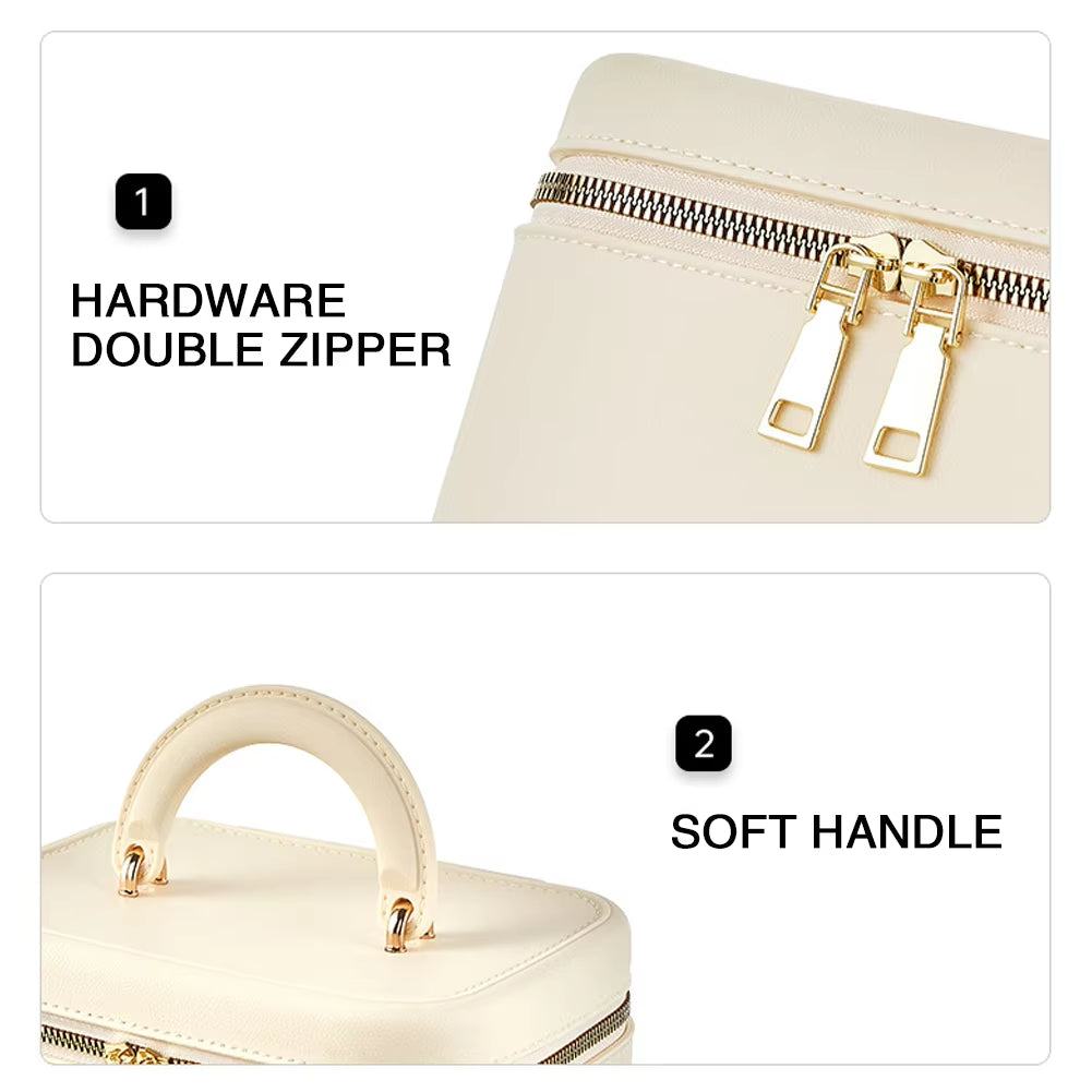 Borsa beige con doppia cerniera in metallo e manico morbido. Design elegante, ideale per moda femminile e accessori di lusso.