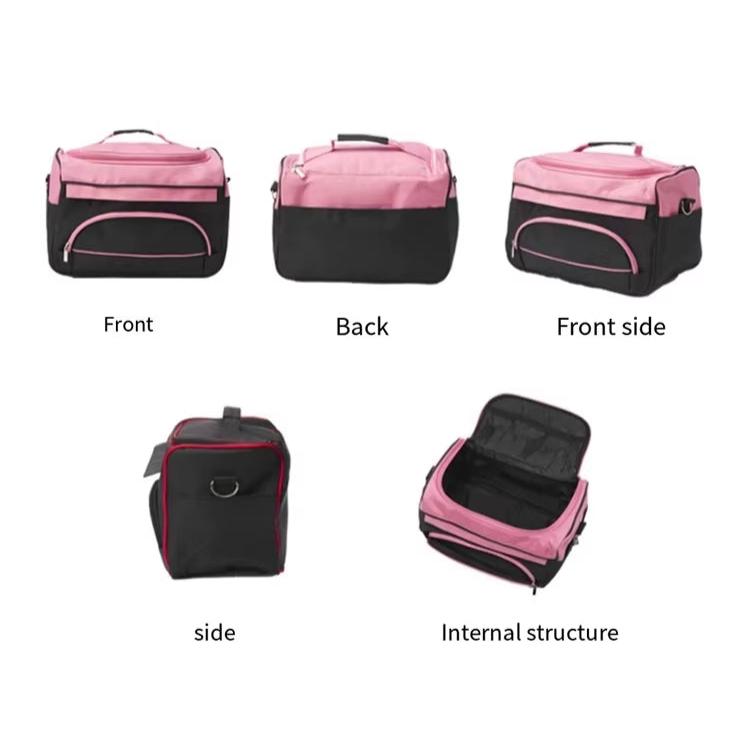 Borsa termica rosa e nera, vista frontale, posteriore e laterale, con struttura interna. Ideale per picnic, viaggi, conservazione cibo.