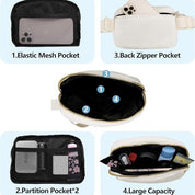 Marsupio bianco multifunzione con tasche in rete elastiche, tasca posteriore con cerniera, divisori interni, grande capacità, ideale per viaggi e sport.